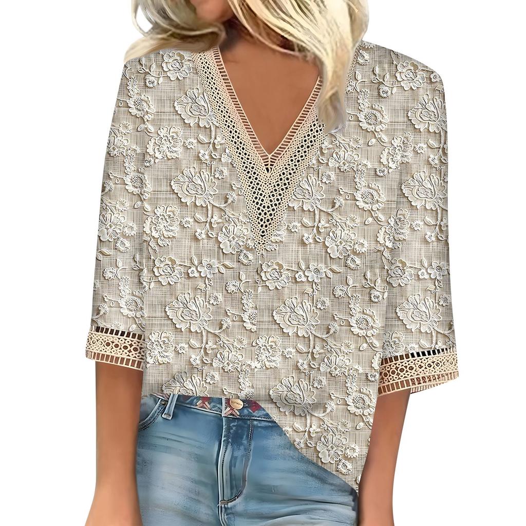 Women's Shirt Blouse Casual Loose Shirts 3/4 Sleeve Lace Trims Print V Neck Tops Print Tops T-shirts Tee