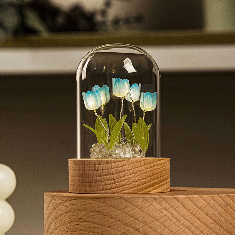 Tulip Flower Night Light With Glass Cover Handmade DIY Bedside Light LED Night Lamp Table Desk Lamp Bedroom Decor USB Mood Light