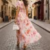 Women's V Neck Ruffle Sleeve Floral Print Waist Cinch Maxi Dress Lightweight Chiffon Elegant Vacation Dress