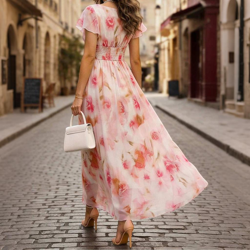 Women's V Neck Ruffle Sleeve Floral Print Waist Cinch Maxi Dress Lightweight Chiffon Elegant Vacation Dress