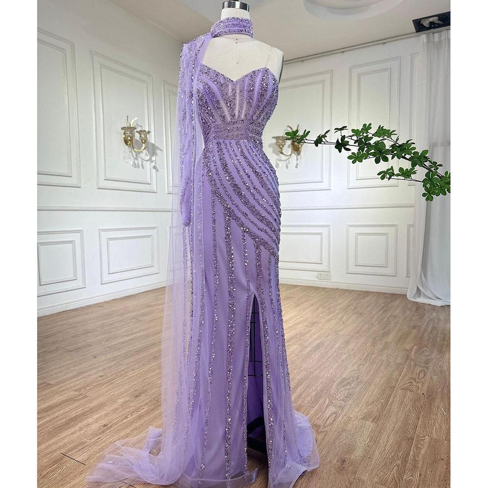 High-end one-shoulder long-sleeved fish-tail split-ended long dress light luxury temperament celebrity banquet hosting dress LA11918