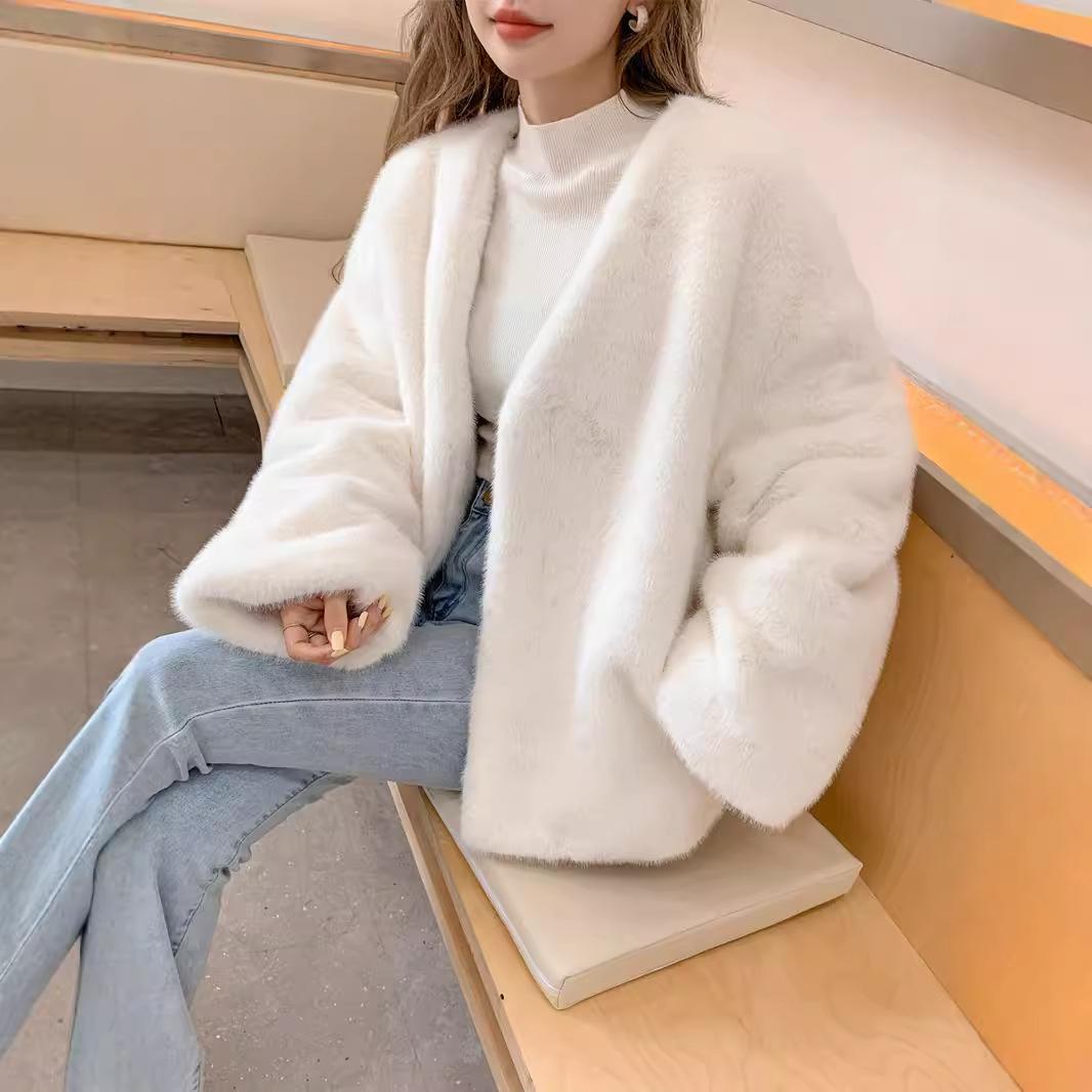 

Осенне-зимнее пальто из искусственного меха норки, женская теплая плюшевая одежда большого размера с отложным воротником L белый