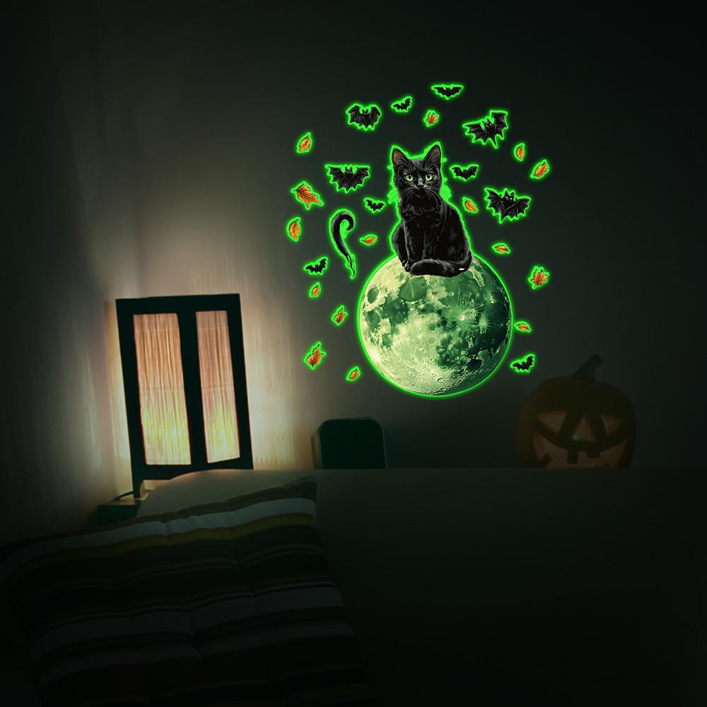 Light Green Halloween Moon Black Cat Bat Wall Decor For Bedroom Office Spaces