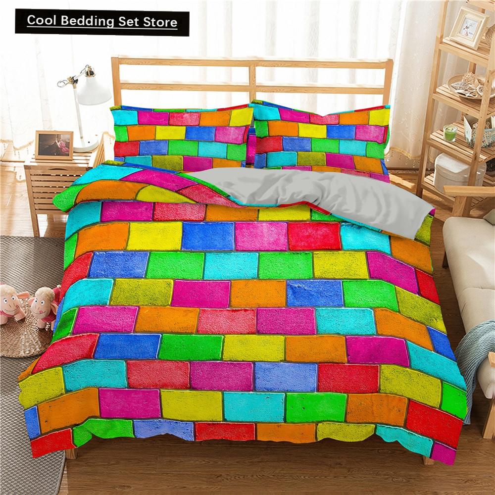 Colorful Toy King Queen Duvet Cover 3D Building Block Pattern Bedding Set Fun Brick Quilt Cover Gradient Rainbow Comforter Cover