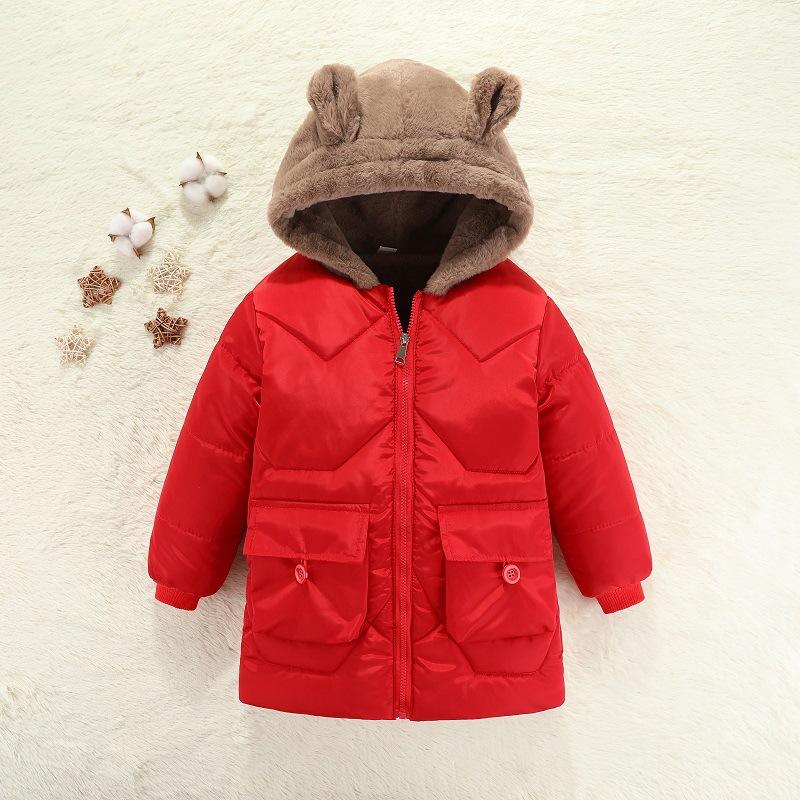 

Толстая теплая зимняя куртка для девочек, верхняя одежда с капюшоном для детей, длинная ветровка для подростков 4-12 лет 130cm красный