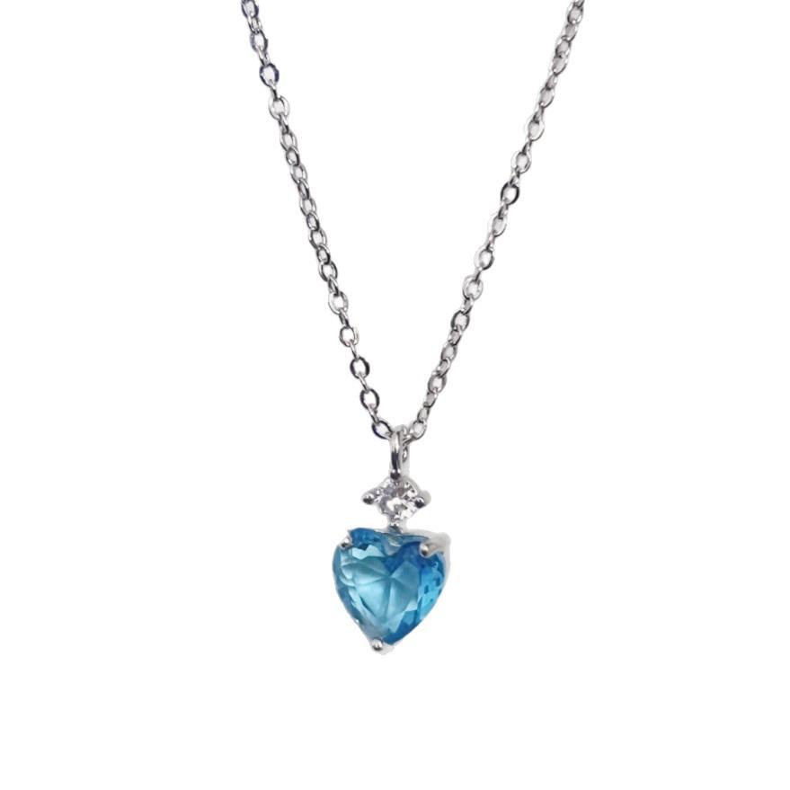 French~ Cool Blue Love Zircon Necklace Women s Retro Super Flash Summer Light Luxury High-end Clavicle Chain 2026 45CM
