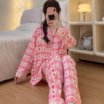 Sweet Cute Girl Pink Plaid Button Design Pajamas for Women Strawberry Print Sleepwear Women's Autumn Winter New Pajamas