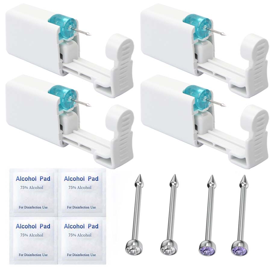 

4PCS Self Hypoallergenic Nose Piercing Kit-Disposable Nose Piercing Gun with Built-in Nose Studs Round&Nose Rings & Studs&Face