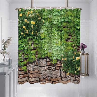1 sztuka zasłony prysznicowej z nadrukiem krajobrazu zielonych liści i ściany z cegły o wymiarach 180x180cm, wodoodpornej i odpornej na pleśń