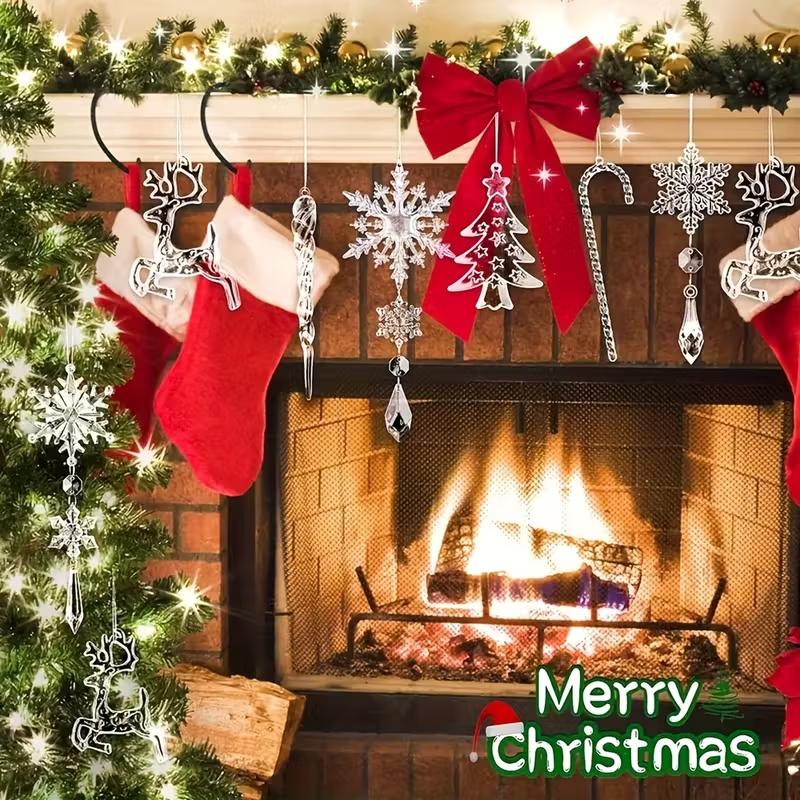 14 Stück Weihnachtsbaumschmuck Acryl Schneeflocke Eiszapfen Tropfen Anhänger 2025 Weihnachtsdekoration für Zuhause Neujahrsgeschenke