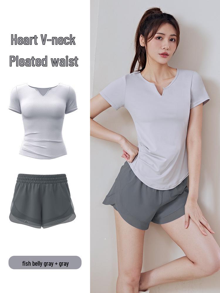 Quick-Dry Summer V-Neck Yoga Set: Short Sleeve Top & Mesh Shorts