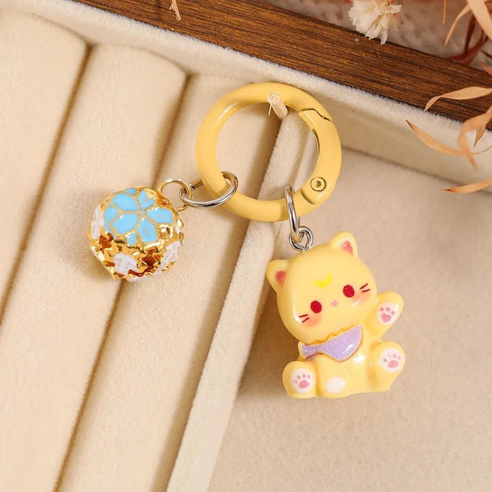 Cute Cat Cartoon Resin Animal with Bell Girls Women Bag Purse Charm Couple Key Chains Gift Accessories Bag Charm