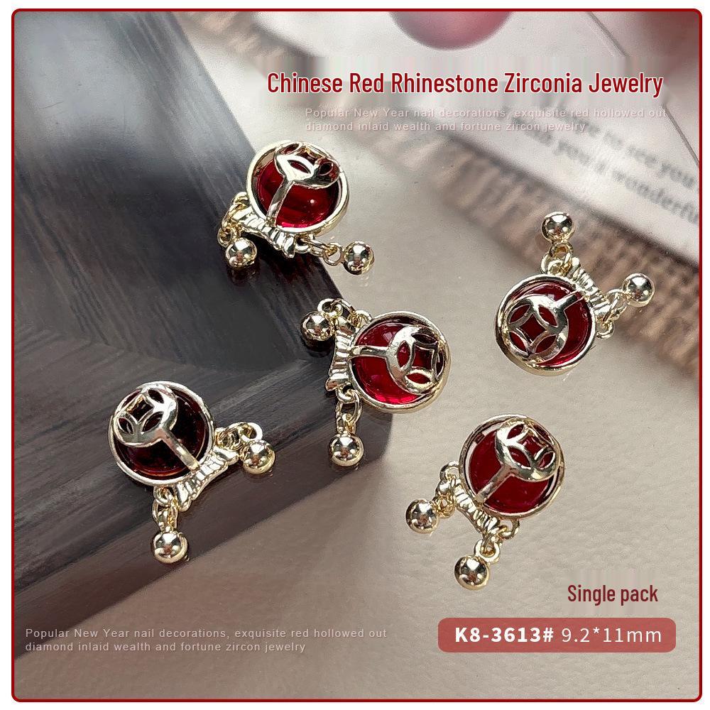 2026 New Year Zircon Nail Art: Festive Red Knot, Fu Character, Goldfish, Coin, and Rhinestone Decorations