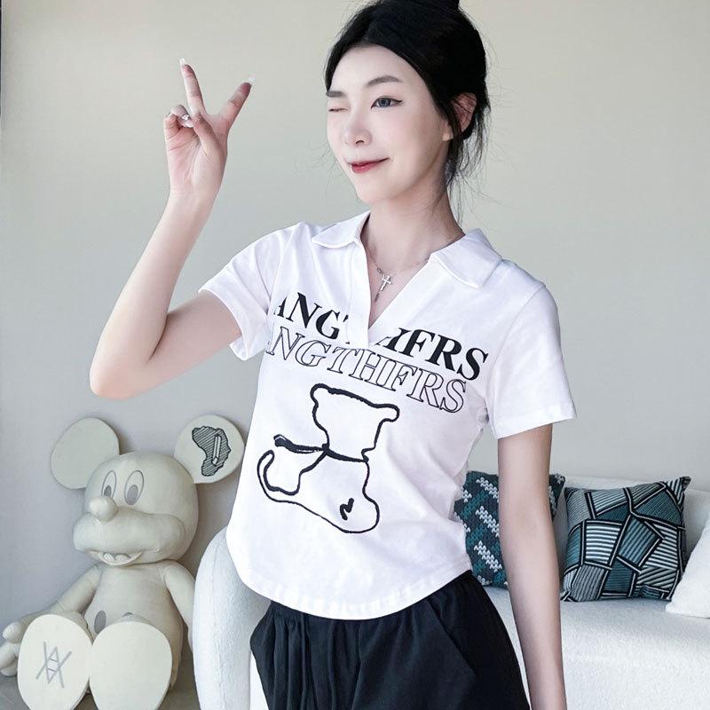 

Women s Summer White Printed Polo Collar Short Sleeve T-Shirt 2XL (120-130 lbs)