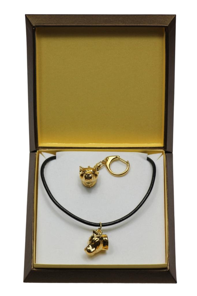 American Staffordshire Terrier, Amstaff – Keychain and necklace with a dog in a box, high-quality gold-plated product | Art-Dog