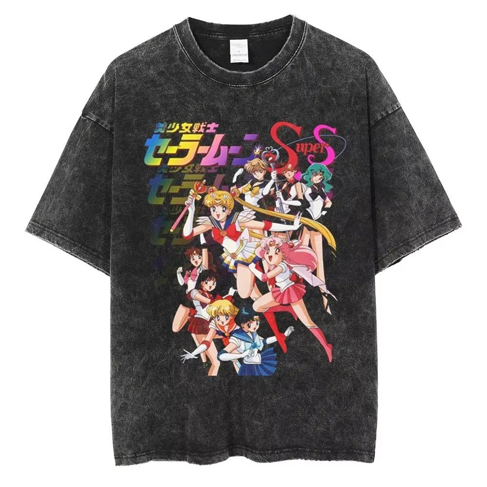 MINISO Maglietta Lavata Stampata Anime Sailor Moon Estate Nuova Cotone Uomo e Donna Larga Casual Retro Trendy Manica Corta Top