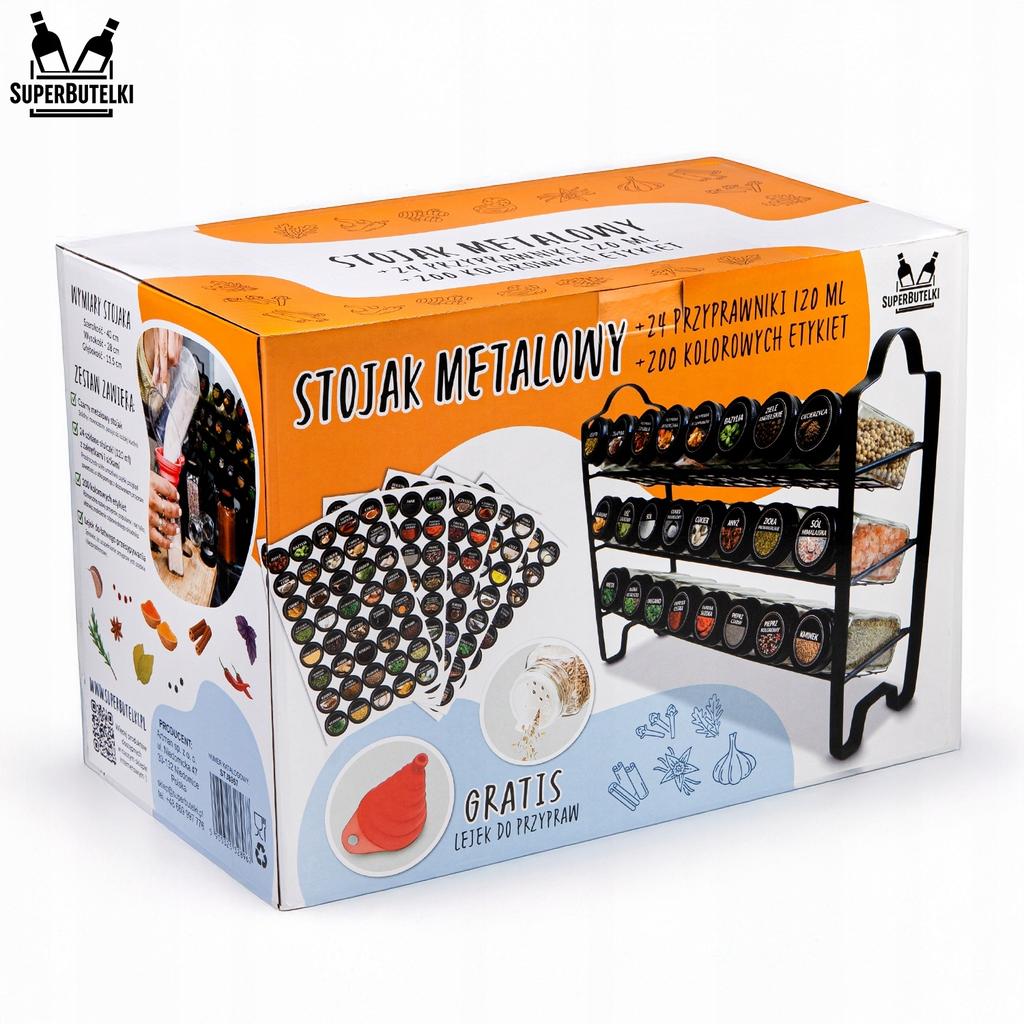 Black metal stand + 24 jars 120 ml with black cap and strainer + 200 labels + funnel