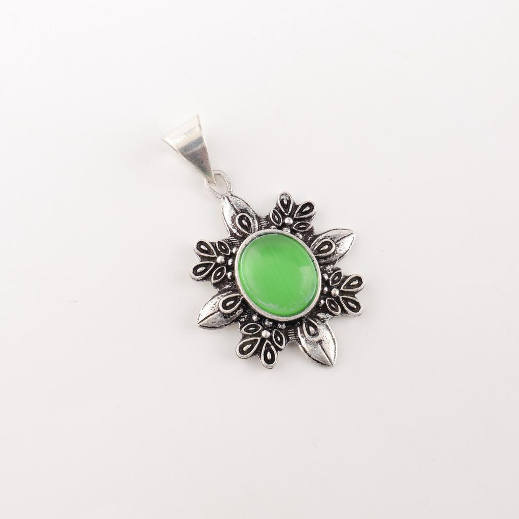 Green Cat's Eye Gemstone 925 Stamped Silver Jewelry Handmade Chain Pendant 1.62" CP-12-41