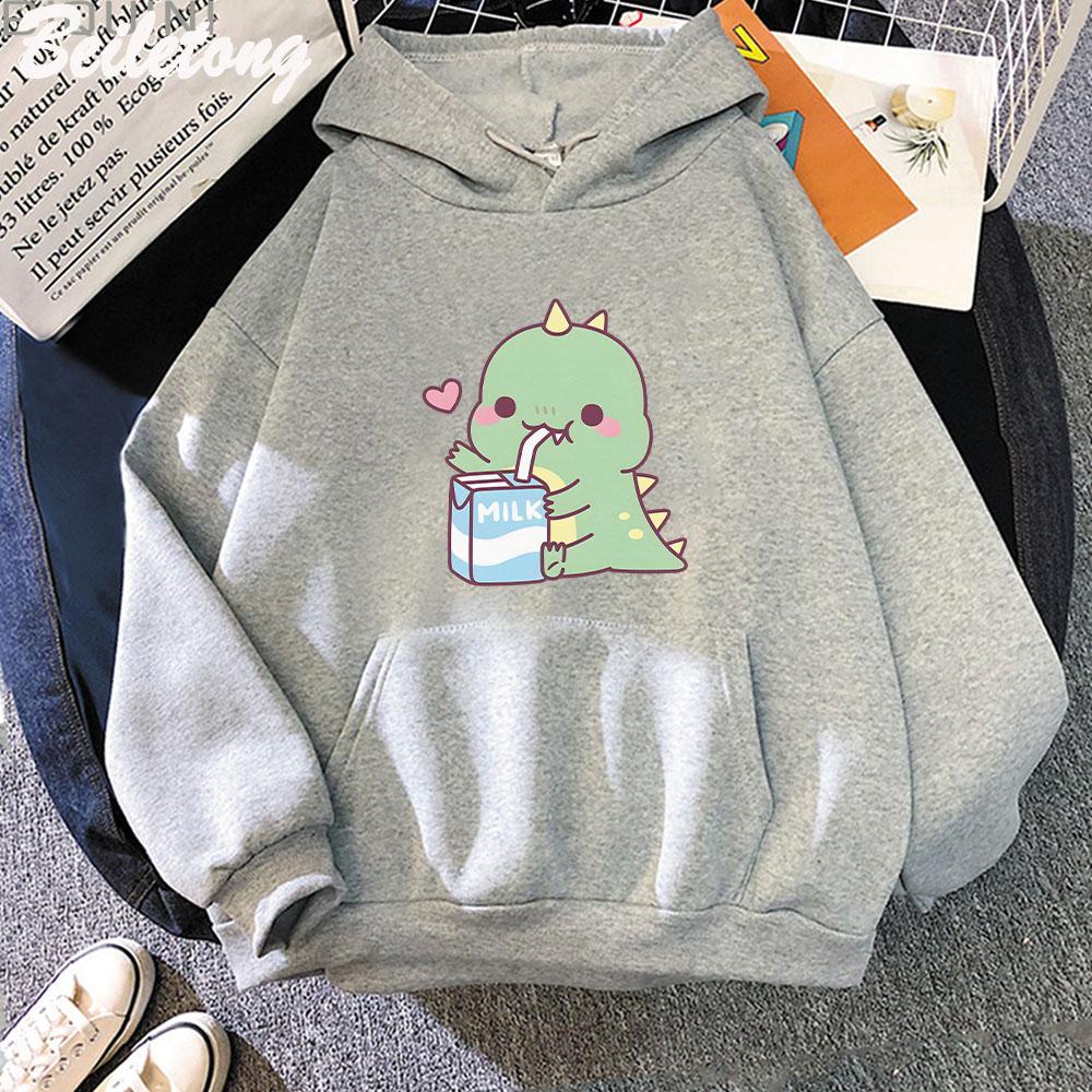 Dinosaur Oversized Tegneserie Dame Genser Hettegenser Søtt Trykk Kawaii Klær for Jente Pullover Casual Morsom Dame Harajuku Varm