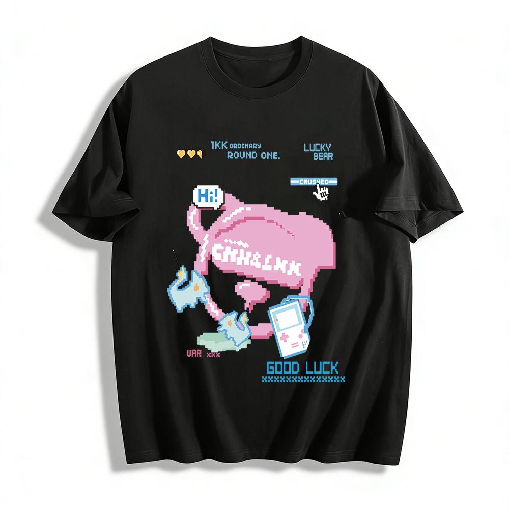 

Retro Pixel Style Fun Print T-Shirt Unisex Loose Casual Versatile Crewneck Short Sleeve Top Pure cotton T-shirt XXS