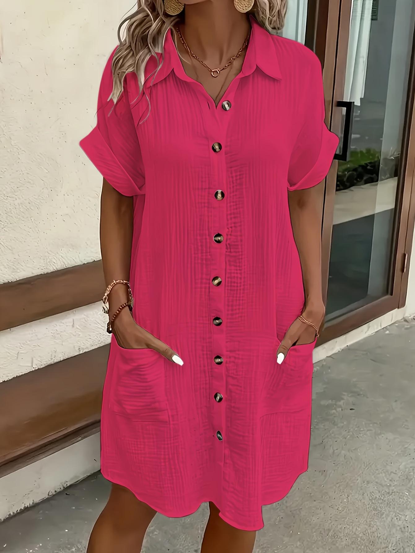 

Summer casual solid color shirt breasted medium and long short-sleeved loose dress women s clothing XXL червоний