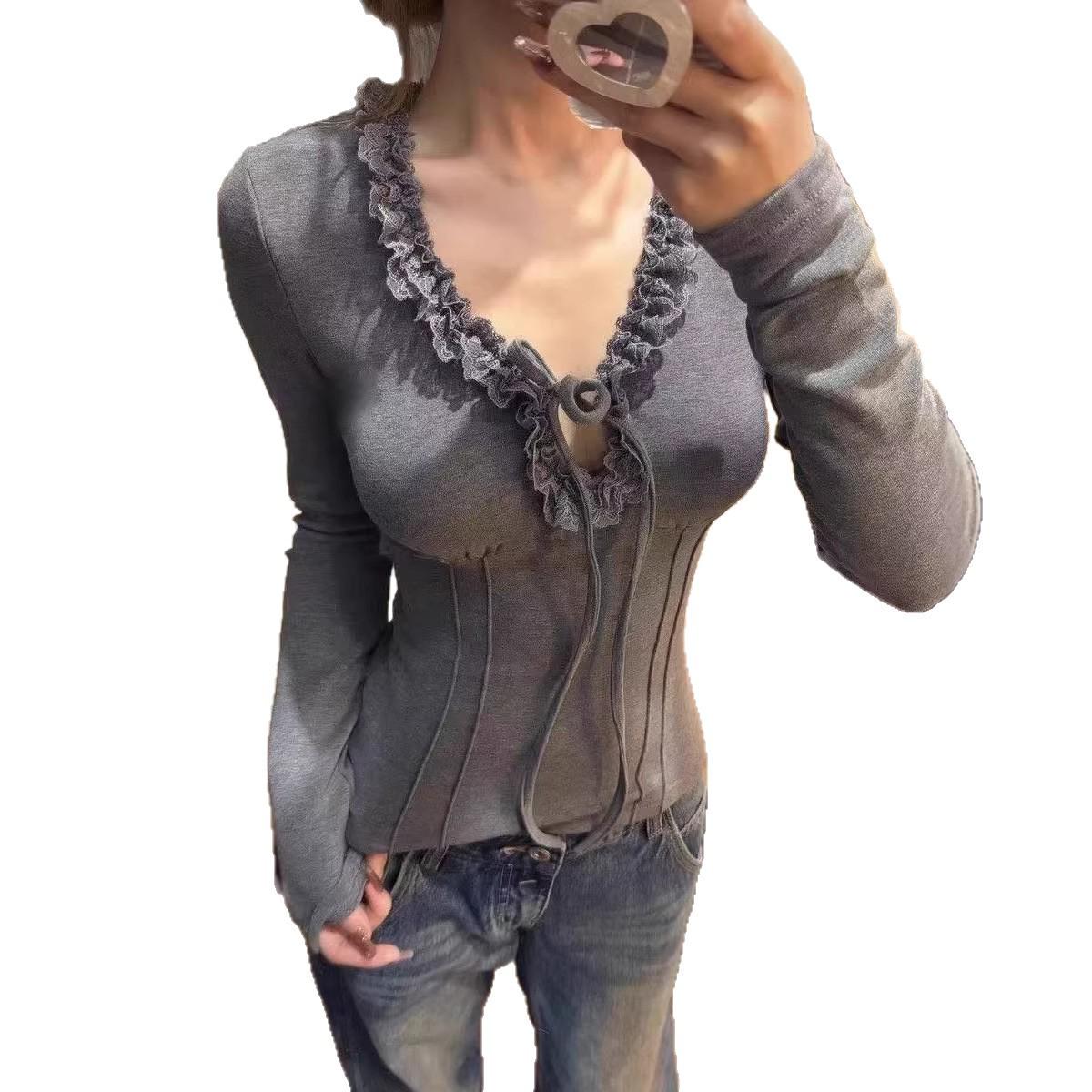 

Korean V-Neck Tie-Up Lace Long-Sleeve T-Shirt for Women 2025 Slim-Fit Pure Desire Base Layer Large