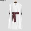INCERUN Men Sleeveless Layers High Splits Ribbon Belt Casual Long T-shirts Tops