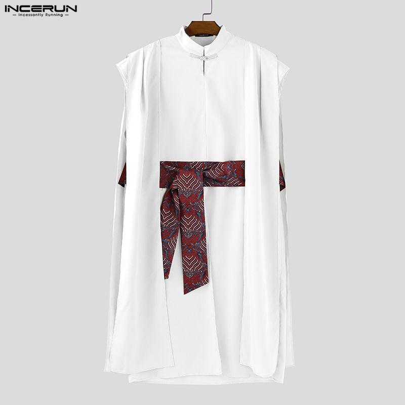 INCERUN Men Sleeveless Layers High Splits Ribbon Belt Casual Long T-shirts Tops
