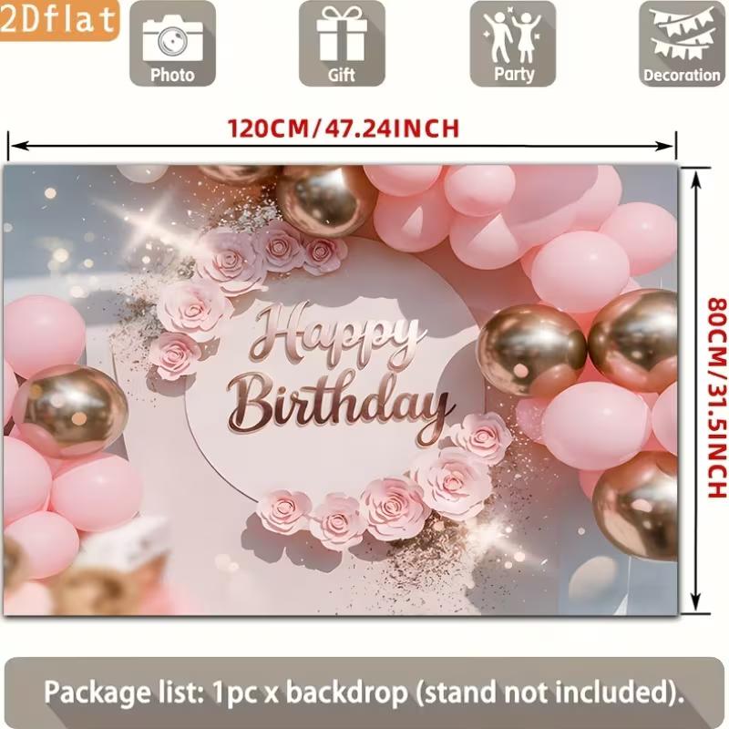 D Pink Floral Rose Gold Birthday Backdrop Glitter Balloon Themed Party Photography Background