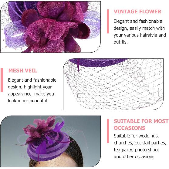 LIOOBO Wedding Bride Fascinator Headband with Purple Floral Mesh Small Hat, Vintage Women’s Headdress for Tea Party and Special Occasion