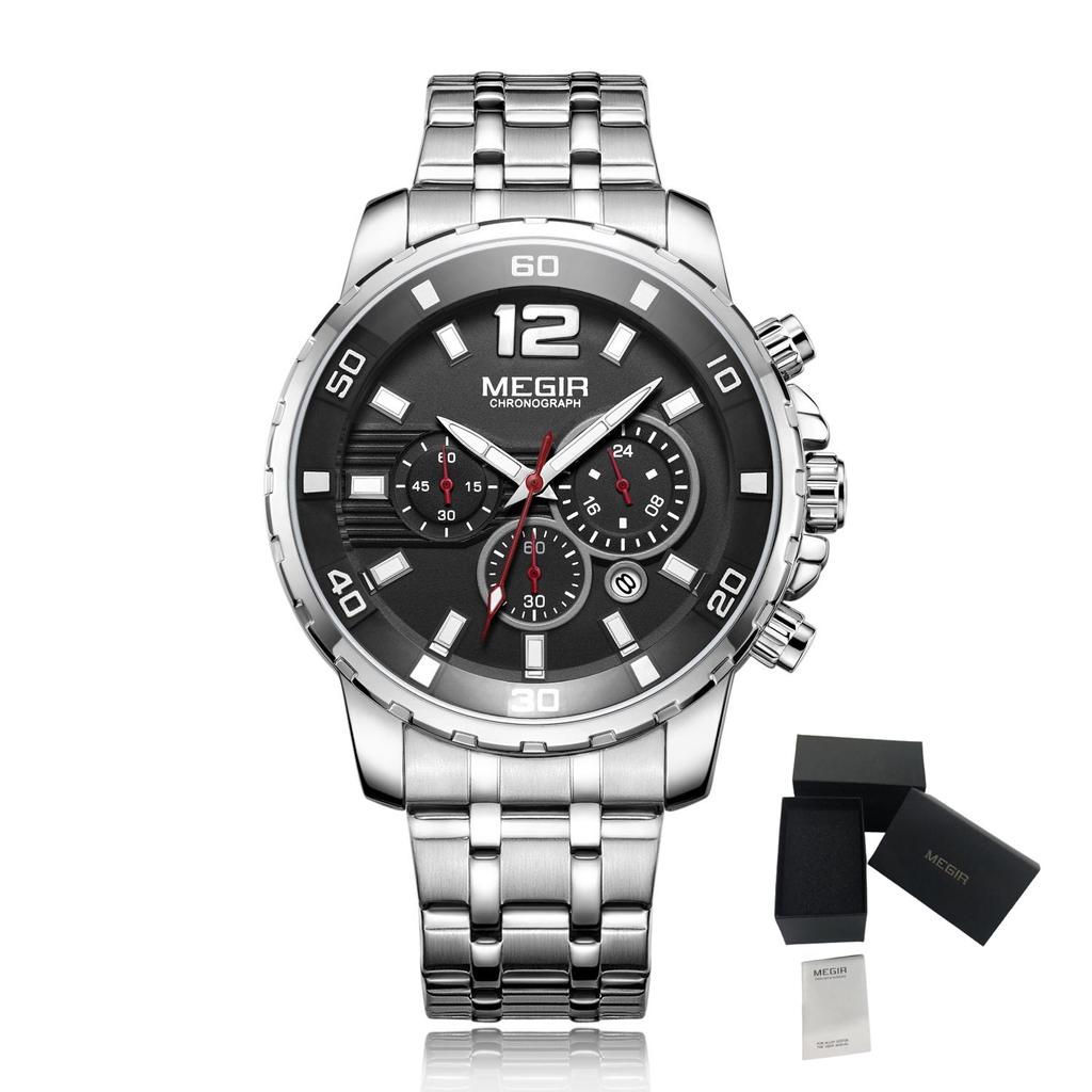 MEGIR Stainless Steel Military Watches for Men Luxury Quartz Business Wristwatch Luminous Waterproof Date Clock Chronograph 2068