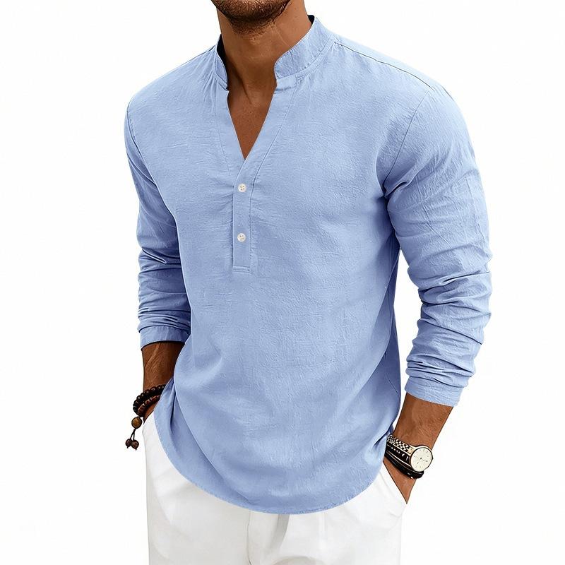 Nueva Colección de Lino de Otoño: Camisa Henley Casual para Hombre, de Corte Holgado y Transpirable, con Cuello en V
