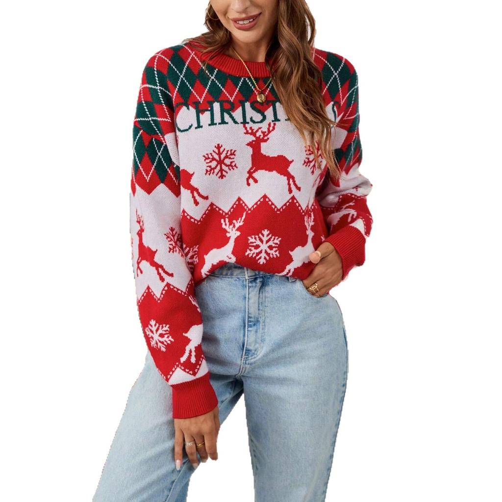 Europe, America, Autumn and Winter New Jacquard Crew Neck Long-sleeved Pullover Christmas Sweater Casual Lazy Wind Knitted Sweater Jacket