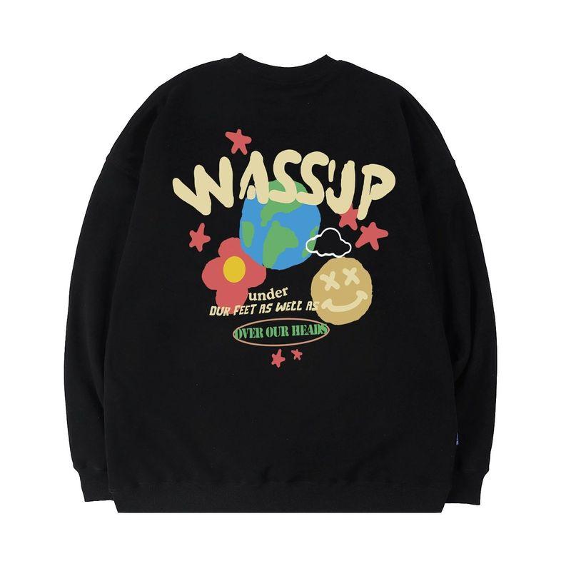 Wassup Trendy Brand Graffiti Smiley Face Earth Round-Neck Sweatshirt for Men, Spring and Autumn Heavyweight Versatile Couple Style American Top