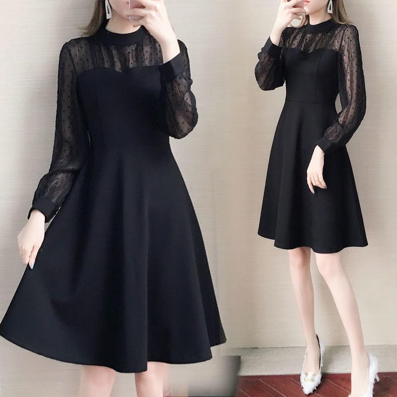 

Plus Size Waist-Cinching Lace Dress for Spring/Autumn - Slimming, Long Sleeve, Belly Concealing S (30-35 kg) чорний
