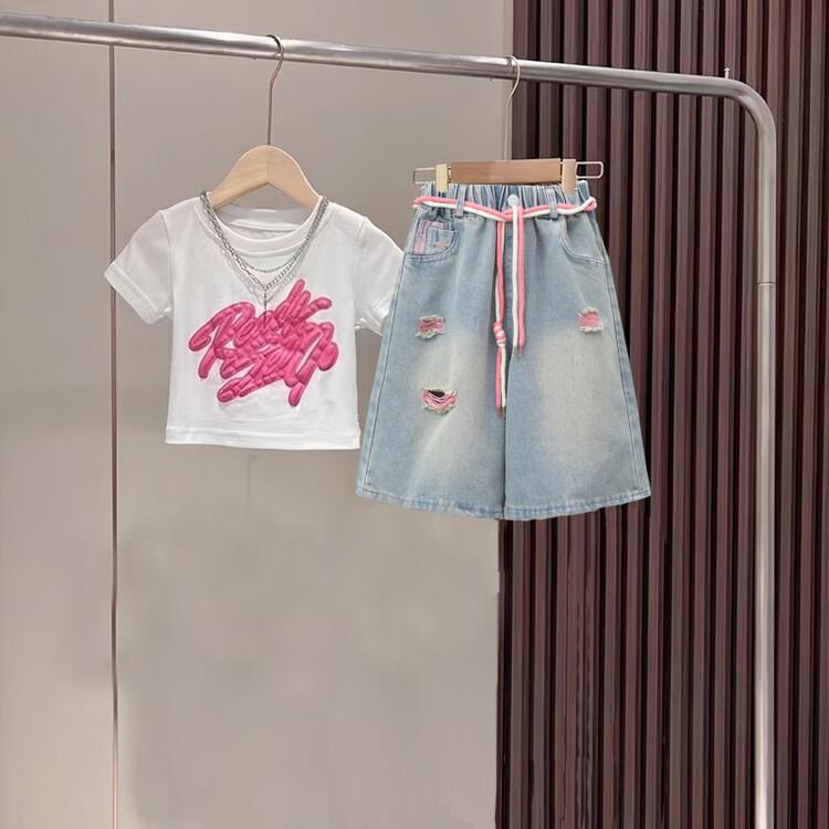 Children's Graffiti Short Sleeve Denim Ripped Pants Set Children's Suit Girls Set