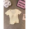 Summer Women Slim V Neck Short Sleeve Tee Diagonal Button Casual Basic Top