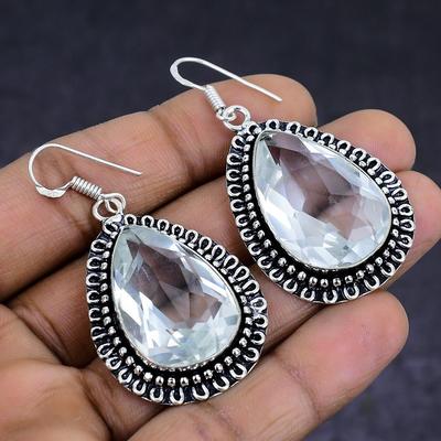 Gemma Topazio Bianco Argento Sterling 925 regalo Gioiello Orecchino 2,09" c4D53