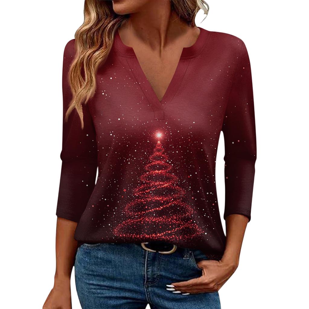 Women's Casual Fashionable Sexy Comfortable V-Neck Christmas Three-Quarter Sleeve Top