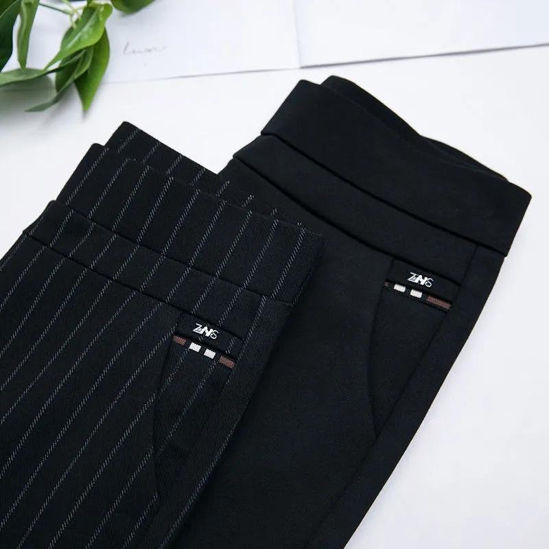 FiveFive Spring Autumn Middle Aged Women Elastic Waist Casual Straight Pants Female Trousers Lady Stripe Pencil Pants