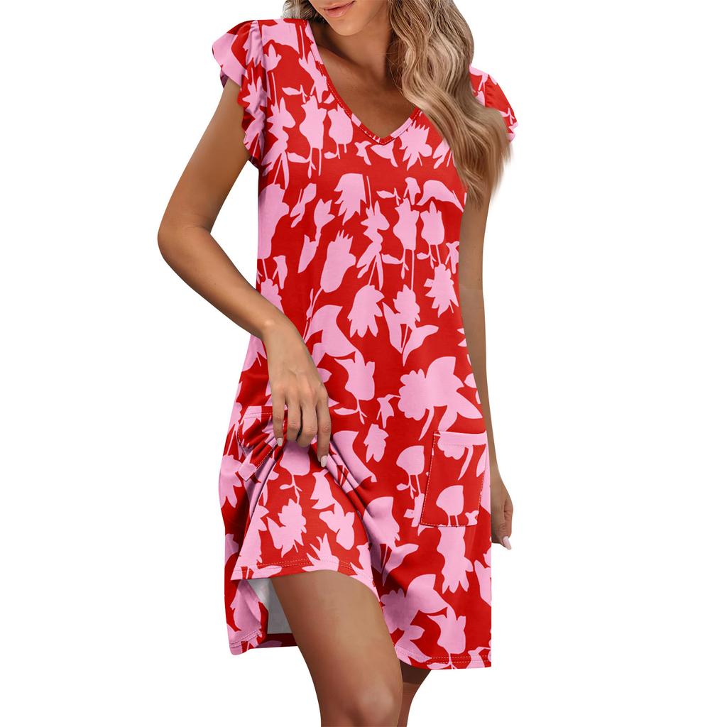 Dam Sommarklänning Volangärm V-ringning Korta Klänningar Mode Casual Flödande A-linje Swing Solklänning Med Ficka