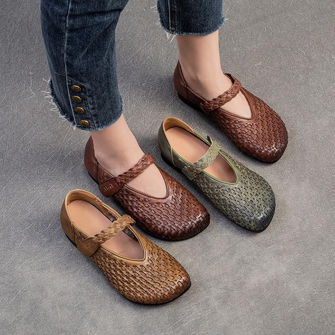 Johnature Bombas Retro Cuero Genuino Suela Suave Gancho y Lazo Cómodos Zapatos de Mujer Versátiles