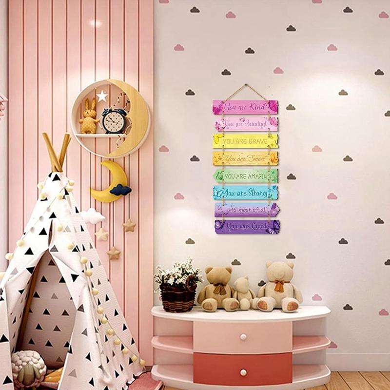 Children Bedroom Decorative Rainbow Wooden Board Butterfly Plaque with Positive Words