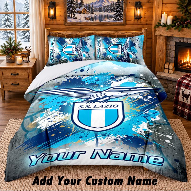 Lazio FC Pattern Bedding 3Pcs Set Custom Name, Bed Sheet And Pillowcases For Home Bedroom