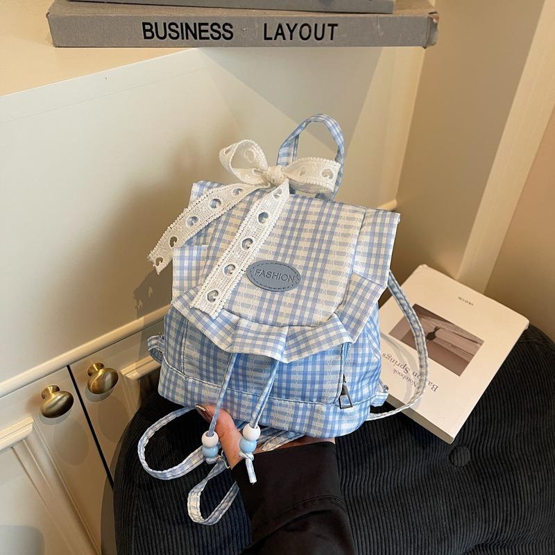 

New sweet and cute lace plaid backpack women s fluffy ruffle edge backpack girl heart mini schoolbag