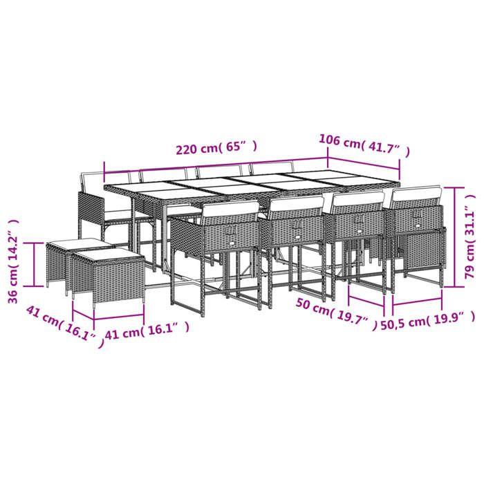VidaXL Ensemble à Manger de Jardin avec Coussins 13 pcs, Table et Chaises à Dossier Rabattable, Meubles d'Extérieur Patio 3211344