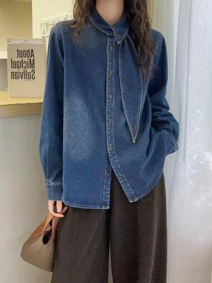 New Arrival High-End Flannel-Lined Loose Denim Shirt for Autumn