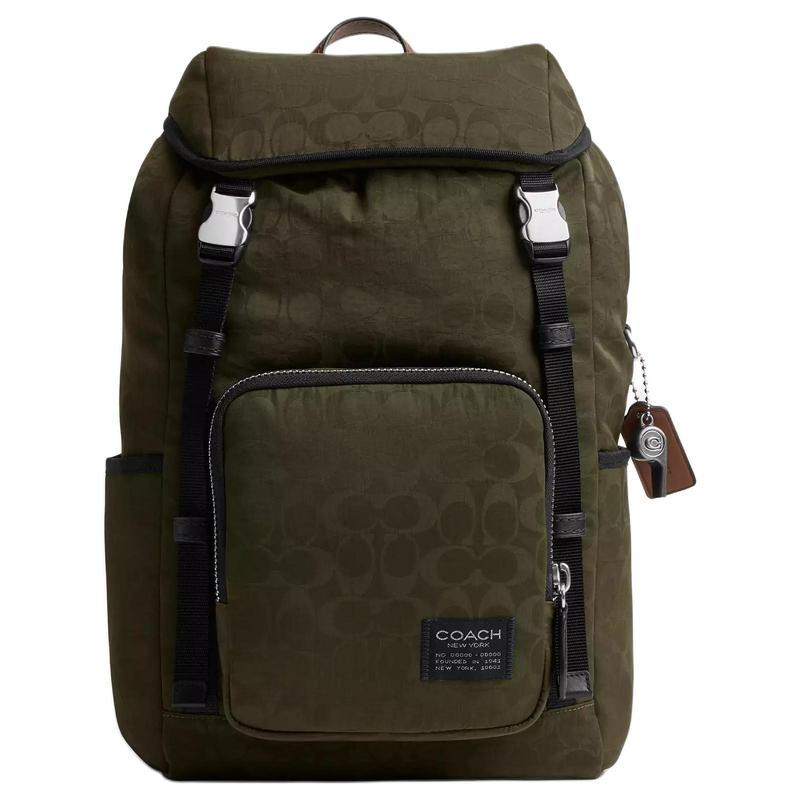 

COACH Logan 27 brand print adjustable shoulder strap nylon backpack large size unisex couple style moss green зелений