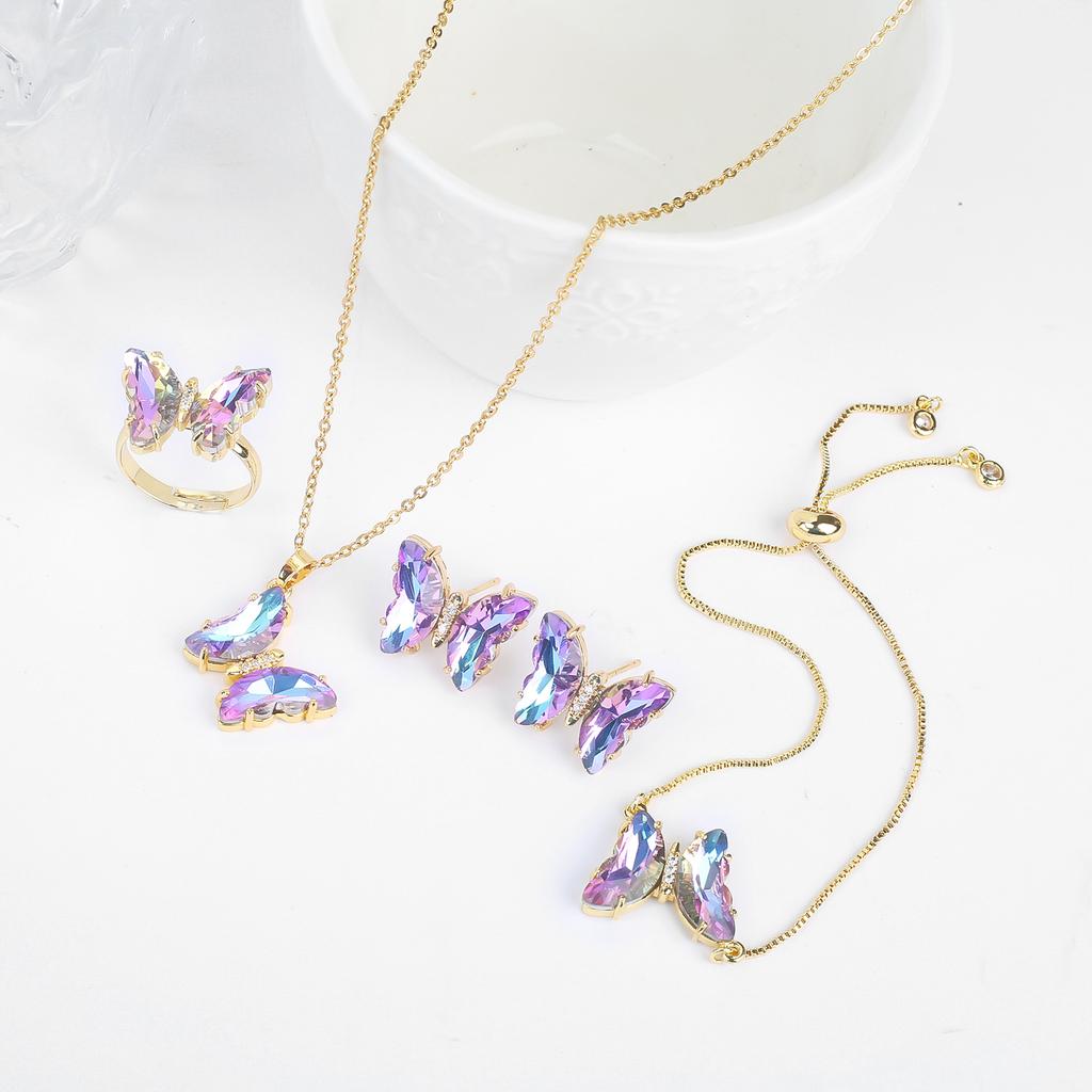 4pcs Creative 21 Colors Crystal Zirconia Butterfly Bracelet Necklace Earrings Ring Jewelry Set Luxury For Woman Party Jewelry