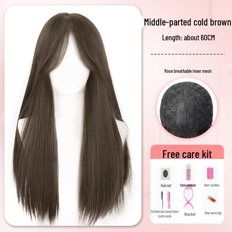 Long Straight Black Wig Set: Natural Hair, Full Head, Fashionable & Age-Reducing.